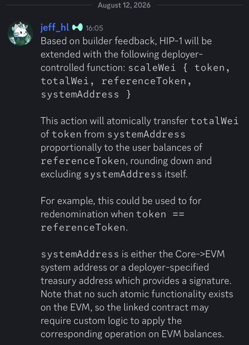 A Discord message from user 'jeff_hl' dated August 12, 2026, discussing a 'scaleWei' deployer-controlled function for the HIP-1 protocol.