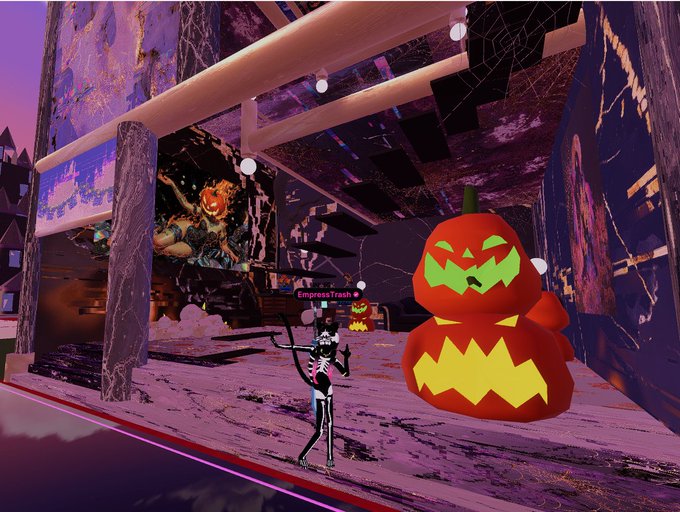 A 3D animated Halloween-themed virtual scene featuring a stick-figure skeleton character standing beside glowing jack-o'-lanterns, with a sign reading 'EmpressTrash' in the background.