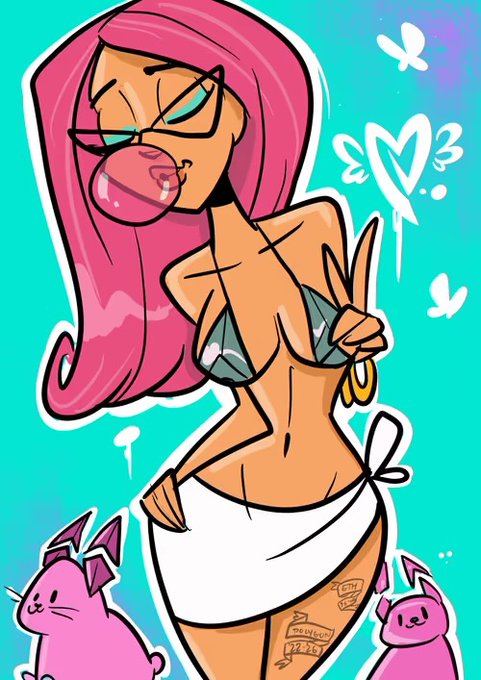 A colorful cartoon illustration depicts a stylized woman with pink hair blowing a pink bubblegum bubble, wearing a bikini top and white bottoms, surrounded by small pink creatures.