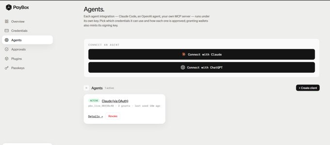 A screenshot of a PayBox interface showing an 'Agents' settings page with options to connect an agent with Claude or ChatGPT, listing an active 'Claude (via OAuth)' credential.