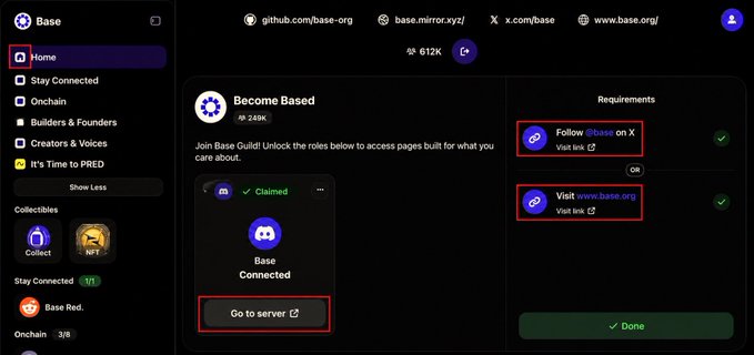 A screenshot of the Base Guild page on guild.xyz showing 612K members, with the "Home" tab, "Follow @base on X," "Visit www.base.org," and "Go to server" buttons highlighted, illustrating the steps to claim roles and access Base-related channels mentioned in the post.