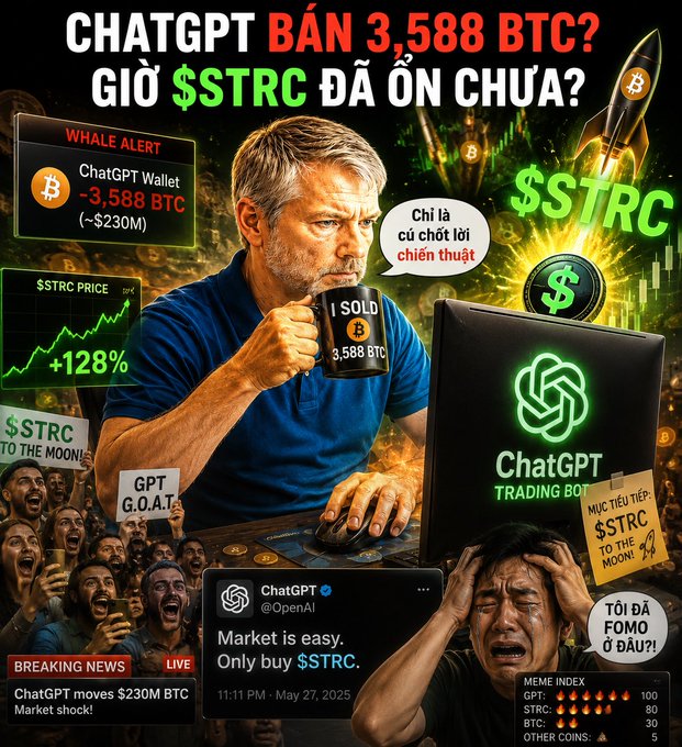 A sensational crypto news graphic in Vietnamese claims 'CHATGPT BÁN 3,588 BTC? GIỜ $STRC ĐÃ ỔN CHƯA?' (ChatGPT sold 3,588 BTC? Is $STRC stable now?), showing a whale alert, $STRC up 128%, and various meme-style commentary.