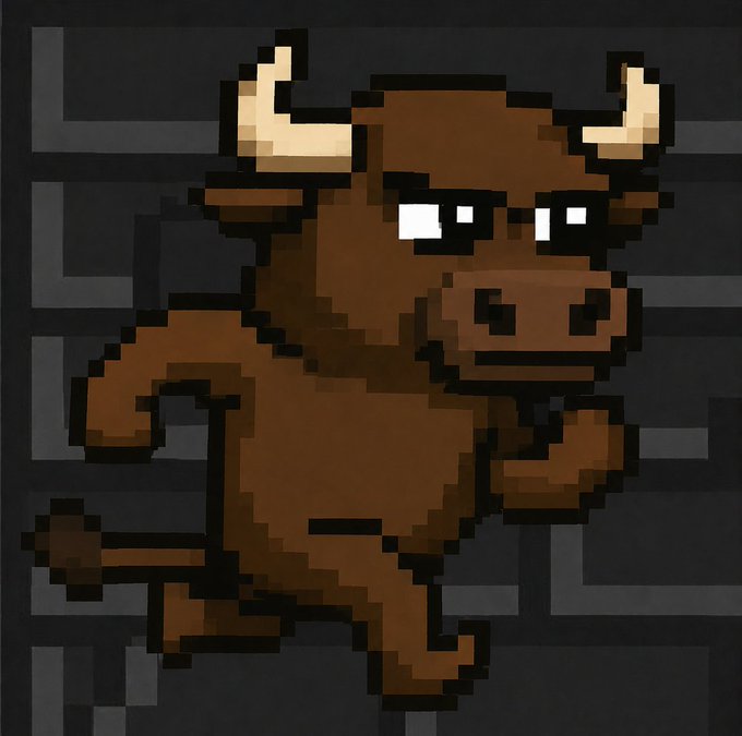 Pixel-art illustration of an angry brown bull with horns, set against a dark gray geometric background. No visible text, numbers, tickers, or names appear in the image itself.