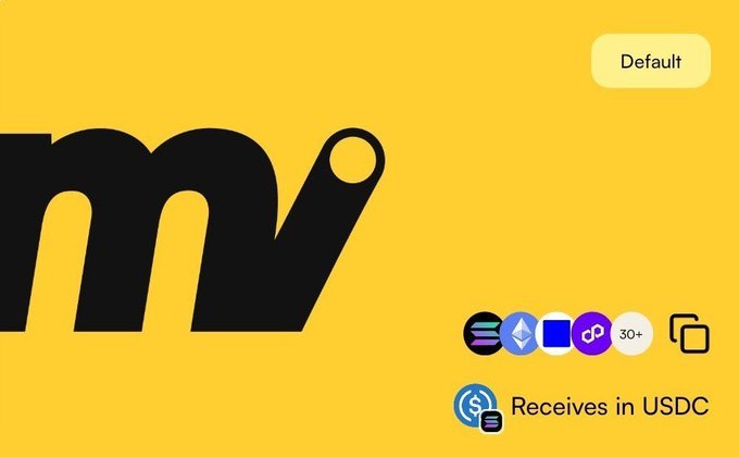 A yellow promotional graphic for a crypto payment platform with the 'mv' logo, showing supported networks including Solana, Ethereum, Polygon, and 30+ others, noting it 'Receives in USDC'.