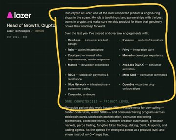 This image shows a Lazer's "Head of Growth, Crypto" job posting from October 2024, with a yellow hand-drawn circle highlighting a list of core competencies needed—including consumer wallet infrastructure, stablecoin payments, and partner experience (with Airola, Motor Card, and OpenSea mentioned). The circled portion emphasizes the role's focus on stablecoin infrastructure and crypto payments, which directly supports the post's hype around HOOKR's stablecoin business and the aggressive $300k valuation pitch being promoted.