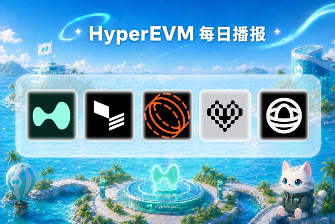 The image is a stylized promotional banner titled "HyperEVM 每日播报" set against a tropical Hyperliquid-themed backdrop, featuring the logos of HIP-3, Tread, Hyperbeat, NEST, and stHYPE—each corresponding to the projects highlighted in the daily report for July 8th, with a cute mascot cat and platform emblem anchoring the scenic design.