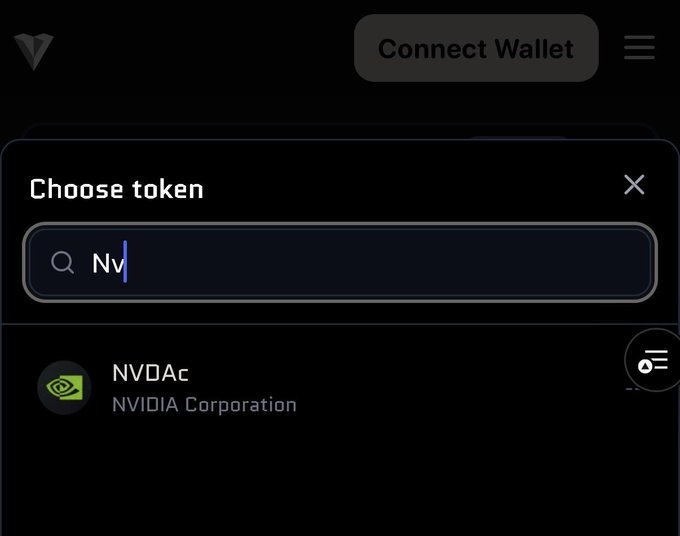 A dark-themed cryptocurrency wallet interface showing a "Choose token" search bar with "Nv" typed in, displaying the NVDAc token by NVIDIA Corporation, with a "Connect Wallet" button visible at the top.