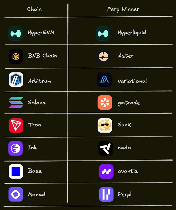A table titled 'Chain' and 'Perp Winner' lists top blockchain networks alongside their leading perpetual DEX winners, pairing HyperEVM with Hyperliquid, BNB Chain with Aster, Arbitrum with variational, Solana with gmtrade, Tron with SunX, Ink with nado, Base with avantis, and Monad with Perpl.