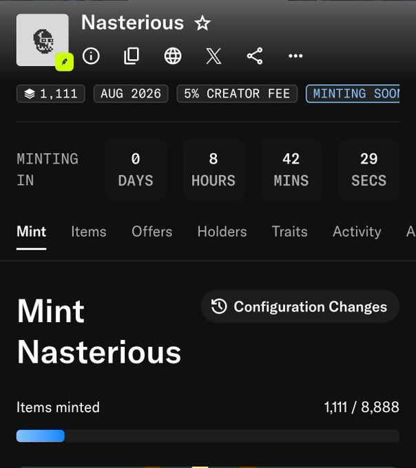 A webpage for the "Nasterious" NFT collection shows it has minted 1,111 of 8,888 items with only 8 hours, 42 minutes, and 29 seconds remaining until the minting window closes, accompanied by a warning label from the community alerting potential minters that the developer is a known rugger who has allegedly extracted over $300,000 from investors.