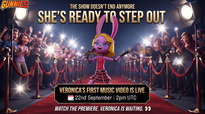 A promotional banner for 'Gunniess' announcing 'SHE'S READY TO STEP OUT' with a 3D animated blonde character wearing pink bunny ears holding a microphone on a red carpet, with text announcing Veronica's first music video premiere on 22nd September at 2pm UTC.