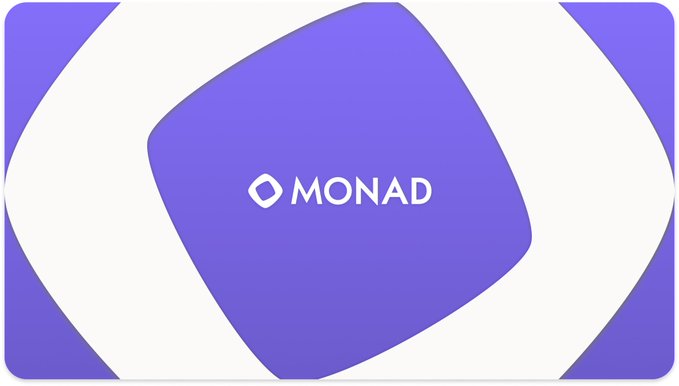 A logo displays 'MONAD' in white text inside a rounded purple square shape, set against a white background with purple accent shapes.