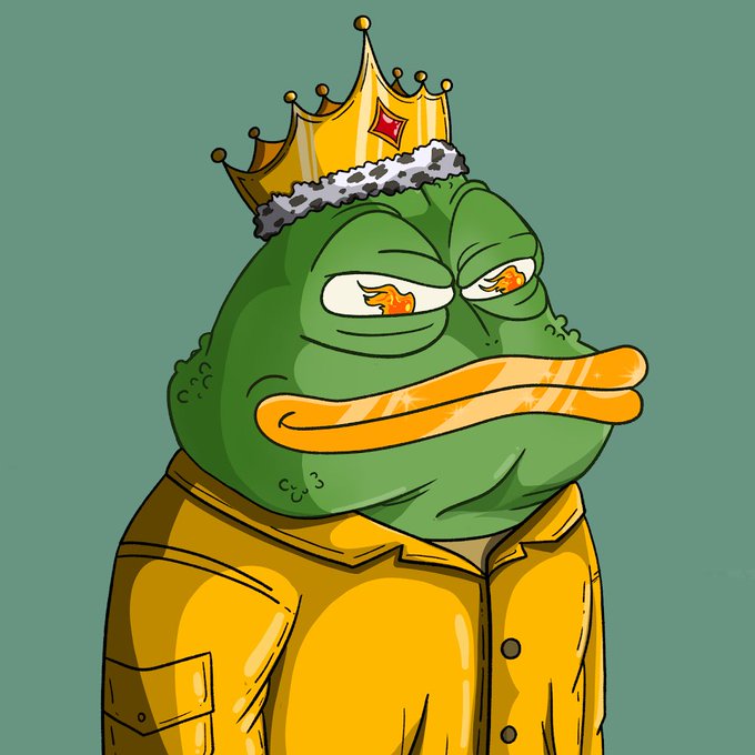 A cartoon Pepe the Frog wears a golden crown atop his head and a matching yellow royal robe, portraying a regal and smug expression that perfectly matches the "gm king Frog" greeting in the post.