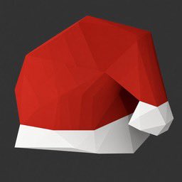 A red low-poly Santa hat with a white brim and pom-pom rests on a dark background, visually representing the festive theme of the "$SANTA" token mentioned in the post.