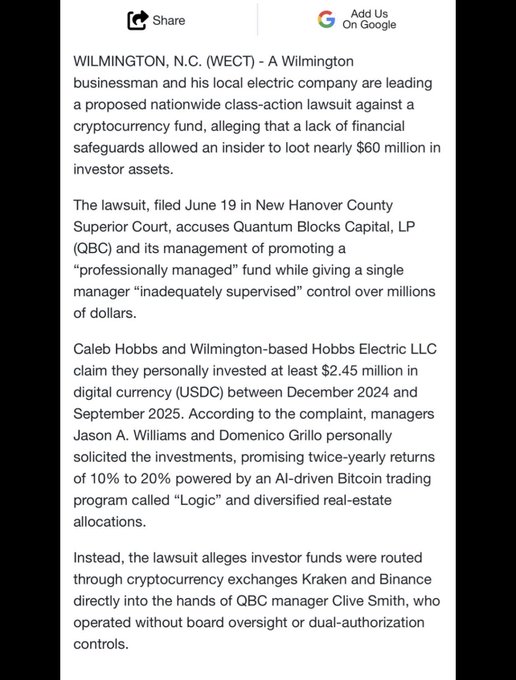 The image shows a news article about a Wilmington, N.C. businessman and his electric company filing a class-action lawsuit against Quantum Blocks Capital (QBC) and its managers for allegedly losing nearly $60 million in investor assets through a cryptocurrency fund scheme.

The connection to the post about "$APE" and someone facing the karma of being sued relates to this being another crypto fraud case, though the ticker $APE (likely ApeCoin or similar) isn't mentioned in the article. The post appears to be making a sarcastic "what goes around comes around" comment about a crypto promoter facing legal consequences similar to lawsuits they allegedly wished on others.