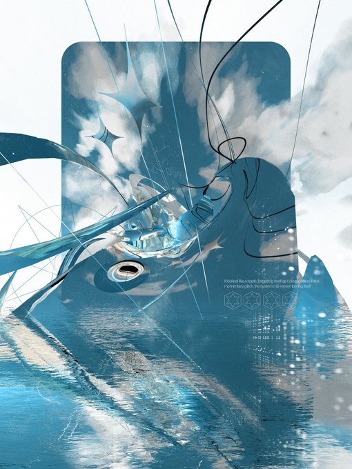 An abstract digital artwork featuring a sky-and-clouds motif with flowing tendril-like forms, a small face/eye element, and translucent overlay effects in blue and white tones, with some partially legible text.
