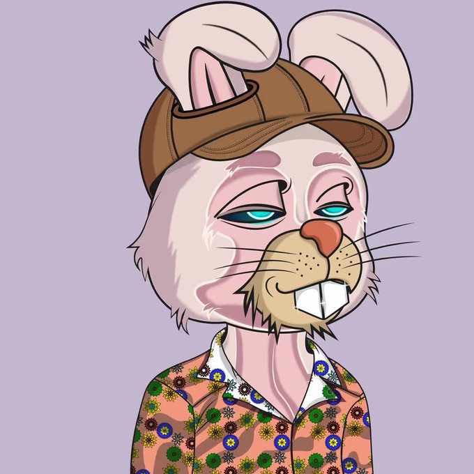 An anthropomorphic white rabbit character wearing a brown visor cap and a floral-patterned Hawaiian shirt with Star of David motifs, sporting blue eyes and a smirk.