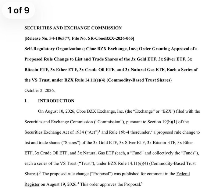 An SEC release dated October 2, 2026 regarding the approval of proposed rule changes for 3x Gold ETF, 3x Silver ETF, 3x Bitcoin ETF, 3x Ether ETF, 3x Crude Oil ETF, and 3x Natural Gas ETF, each a series of the VS Trust under BZX Rule 14.11(e)(4).