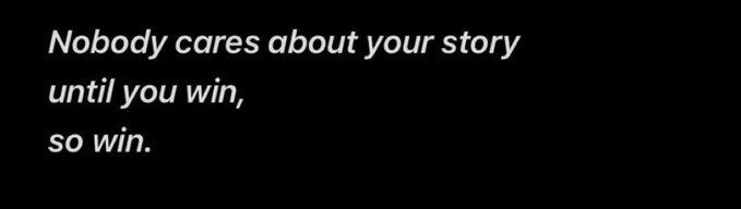 A black background displays the motivational quote in white italic text: "Nobody cares about your story until you win, so win." The image ties into the post's emphasis on winning, as the user announces a 1 Solana giveaway and asks followers who hasn't won from them yet.