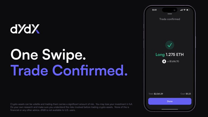 " Sunday swiping on dYdX. One swipe. 50x buying power. Only on iOS. Give it a try dydxchain.onelink.me/1DP4/im483xhe".