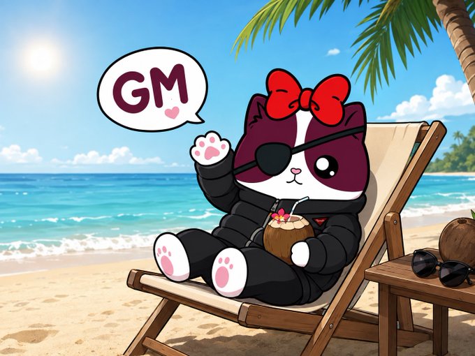 A cartoon cat wearing an eye patch, red bow, and black outfit relaxing on a beach chair with a coconut drink, displaying a speech bubble that reads 'GM'.