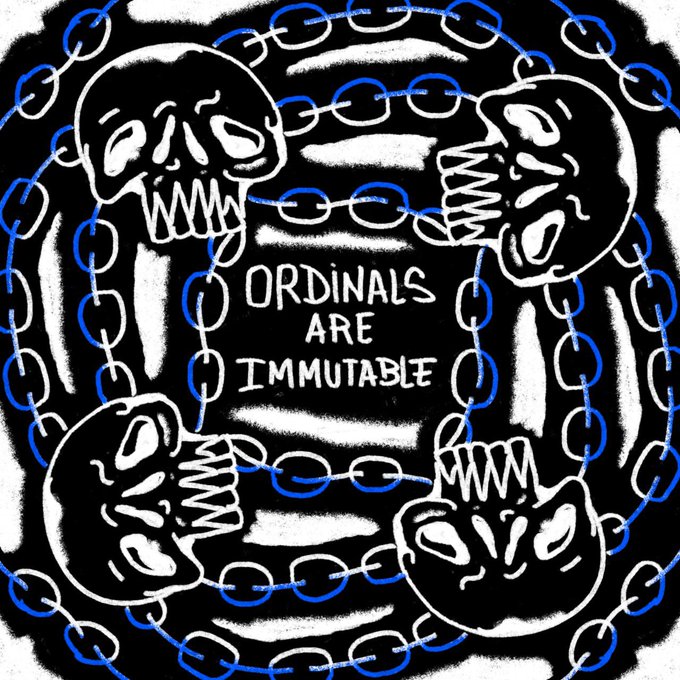 A black and white hand-drawn illustration depicts four skulls surrounded by blue Bitcoin chains with the text 'ORDINALS ARE IMMUTABLE' written in the center.