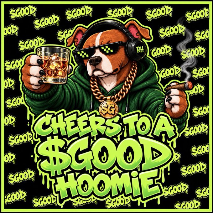 A cartoon illustration of a dog wearing sunglasses, a chain, and holding a whiskey glass and cigar, surrounded by '$GOOD' text and a 'CHEERS TO A $GOOD HOOMIE' graffiti-style logo.