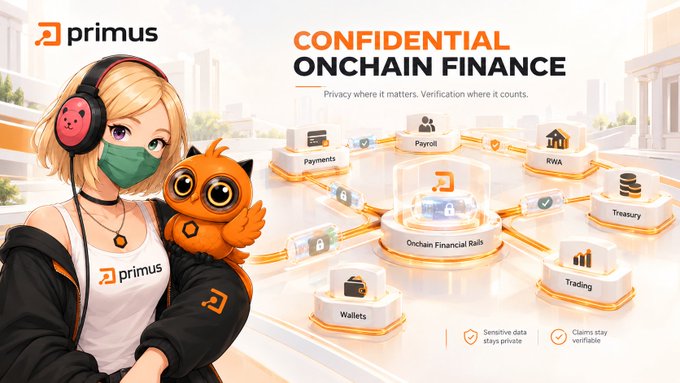 An anime-style promotional graphic for 'primus' titled 'CONFIDENTIAL ONCHAIN FINANCE' featuring a masked character and a diagram showing 'Onchain Financial Rails' connecting Payments, Payroll, RWA, Treasury, Trading, and Wallets.
