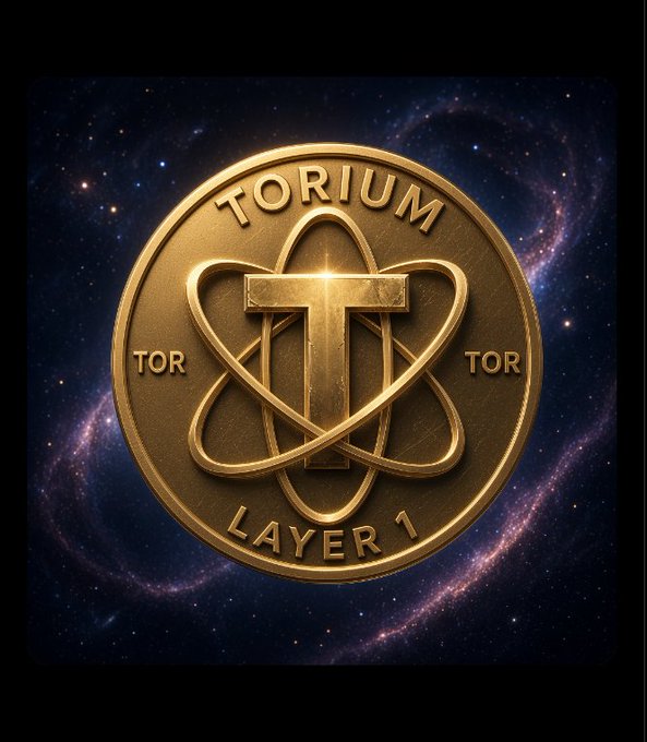 A golden "TORIUM LAYER 1" coin featuring an atom and "T" symbol floats against a cosmic galaxy backdrop, visually reinforcing the post's pitch to mine TOR tokens on mobile devices as part of their Layer 1 blockchain network.