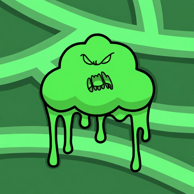 A green cartoon cloud-like creature with an angry expression and sharp teeth, melting downward with drips, set against a layered green background.