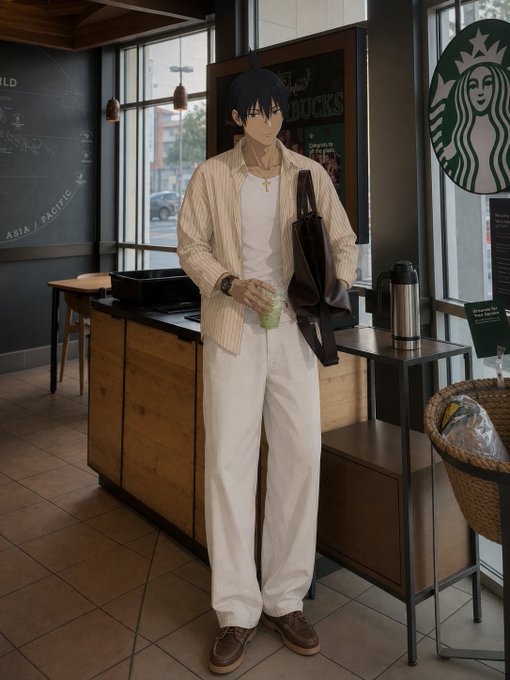 An anime-style character with dark hair stands inside a Starbucks, holding an iced green drink while wearing a cream button-up over a white tee, white pants, and brown loafers, with a tote bag slung over his shoulder; the recognizable green Starbucks logo and "Starbucks" signage are visible on the windows and wall behind him. Fitting the "gm frens, have a great day" post, it captures a relaxed morning coffee run aesthetic in a cozy café setting.