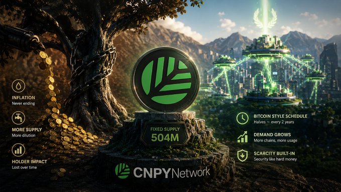 A promotional image for CNPY Network highlighting a fixed supply of 504M tokens, with sections on inflation, more supply, holder impact, Bitcoin-style schedule, demand growth, and scarcity built-in, set against a fantasy landscape with a futuristic green city.