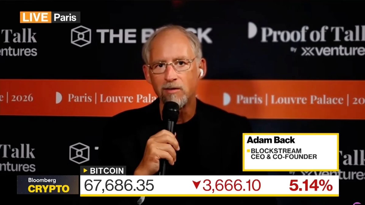 The image depicts a man wearing glasses talking into a microphone while discussing the Bitcoin market, with a red banner displaying the Bitcoin logo and text reading "The Block", "The Back", and "#adam3us" indicating that he might be an expert or well-known figure in the field of cryptocurrency.