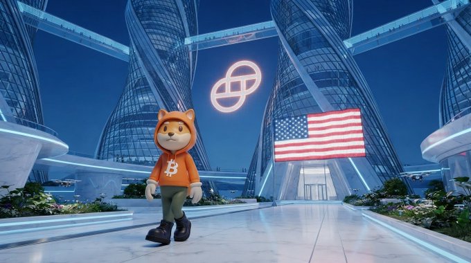 An animated character wearing a Bitcoin hoodie walks through a futuristic futuristic architectural setting with an American flag and the Chainlink (LINK) logo glowing above.