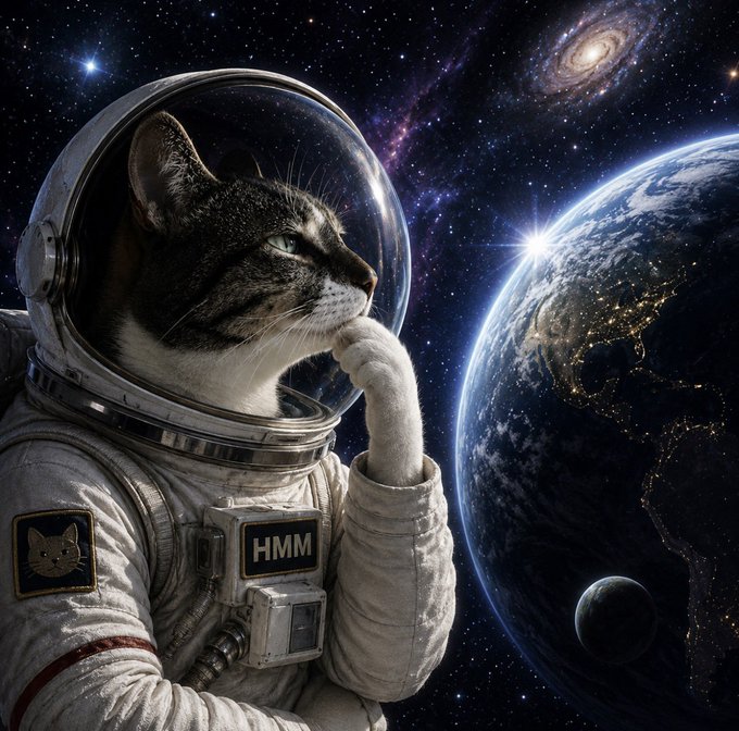 A tabby cat in an astronaut suit with a "HMM" patch ponders thoughtfully while gazing at Earth from space, with a "HMM" chest plate visible on its spacesuit. The contemplative "thinking cat" imagery directly ties to the $HMM ticker reference in the post, visually reinforcing the "time to think again" message.