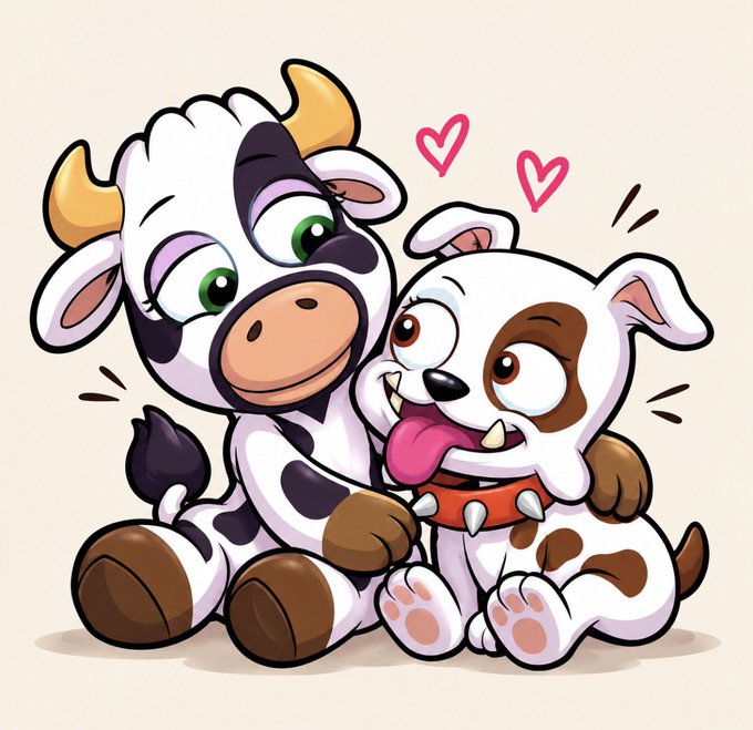 A cartoon illustration of a cheerful cow hugging an excited brown and white dog, surrounded by pink heart doodles.