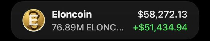 A digital widget displaying 'Eloncoin' with a price of $58,272.13, a supply of 76.89M ELONC..., and a gain of +$51,434.94.