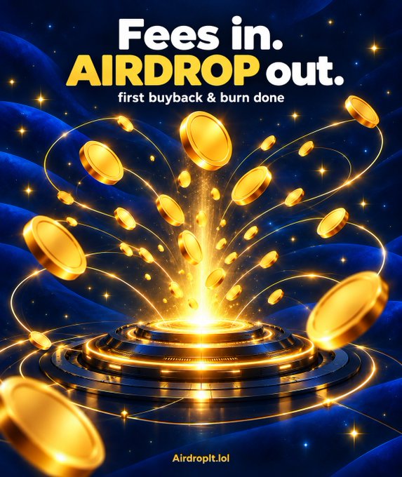 Promotional graphic reading 'Arighton in. AIRDROP out. first buyback & burn done' featuring gold coins exploding out of a glowing pedestal against a starry blue background, branded 'Arighton.lol'.