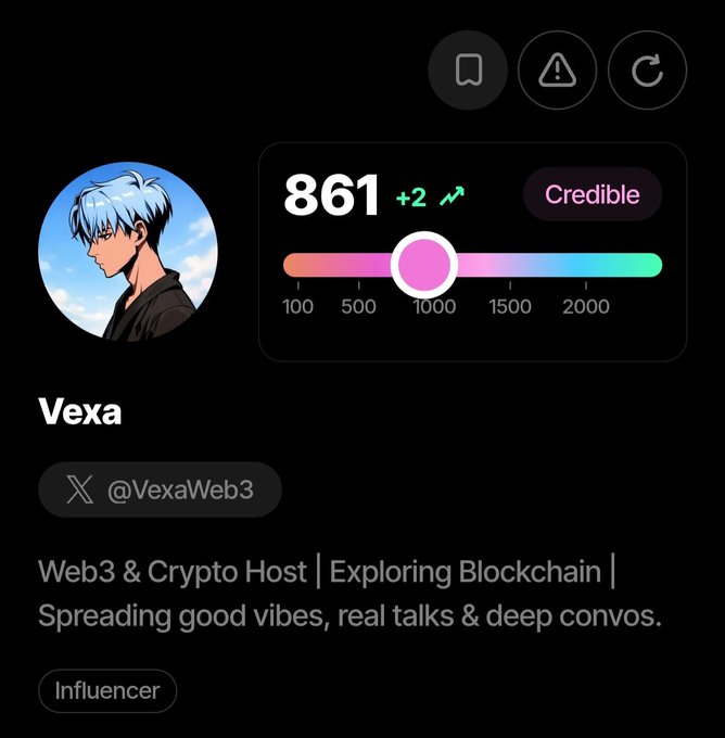 A profile card for 'Vexa' (@VexaWeb3) showing a cred score of 861, labeled as a Web3 & Crypto Host Influencer.