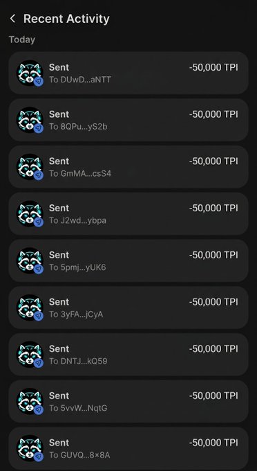 The image shows a "Recent Activity" screen displaying multiple "Sent" transactions of -50,000 TPI each to various wallet addresses (with names partially obscured like "DUwD...aNTT," "8QPU...yS2b," etc.), which appears to support the post's claim of distributing 50,000 $TPI tokens to participants in what is framed as a Solana airdrop.