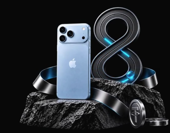 A stylized product image of a blue iPhone Pro displayed alongside a metallic infinity symbol figure-eight sculpture, accented with blue glowing elements and what appears to be a cryptocurrency coin with a 'T' symbol.