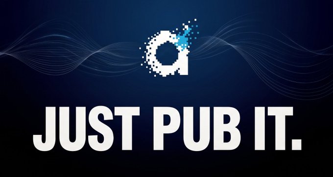 A logo with a pixelated letter 'a' and the bold tagline 'JUST PUB IT.' is displayed against a dark blue background with flowing wave patterns.