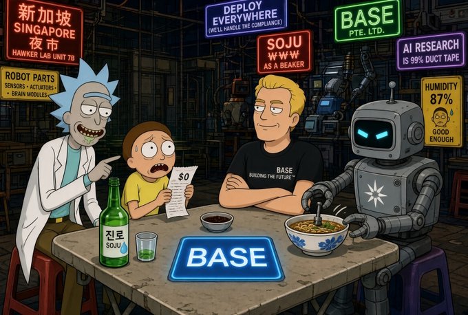 An AI-generated cartoon in a dimly lit room with neon signs for 'SINGAPORE HAWKER LAB UNIT 78,' 'DEPLOY EVERYWHERE,' 'BASE PTE. LTD.,' and 'AI RESEARCH IS 99% DUCT TAPE,' depicting Rick, Morty, a 'SOJU AS A BEAKER' figure, and a BASE-themed robot at a table.