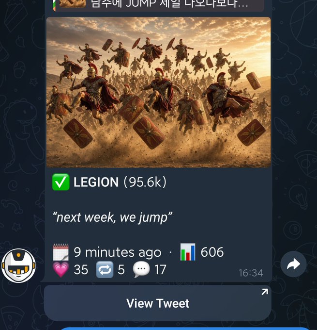 A screenshot of a social media post shows an image of Roman legionaries leaping into battle with shields and swords, shared by the account "LEGION" (95.6k followers), captioned "next week, we jump," posted 9 minutes ago with 606 retweets, 35 likes, 5 comments, and 17 messages, visually supporting the accompanying post's claim about rumors of $JUMP coming to the Legion community.