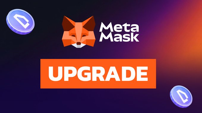 The image features a large orange fox head with its eyes closed, surrounded by blue coins. The text "Upgrade" is written above the fox's head, indicating that there is an upgrade available for the MetaMask wallet or dApp connections.
