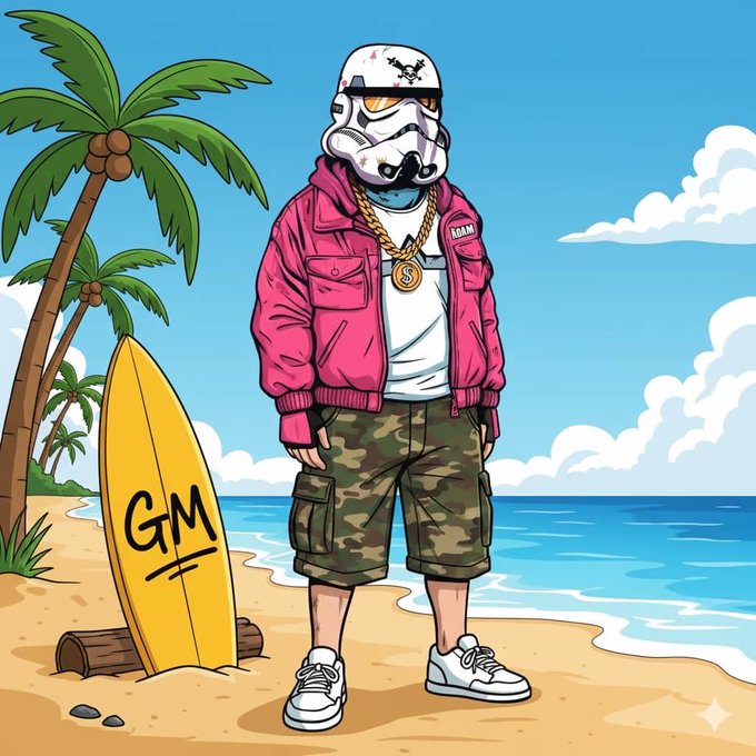 An illustrated cartoon of a Stormtrooper character on a beach, wearing a pink jacket, camo shorts, a gold chain with a dollar sign pendant, and orange sunglasses, standing next to a yellow surfboard marked 'GM'.