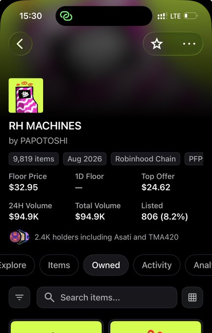 This image shows a mobile screenshot of an NFT collection interface for "RH MACHINES" by PAPOTOSHI on the Robinhood Chain. The screen displays various market stats, including a floor price of $32.95 and a total volume of $94.9K, reflecting the value of the assets the user mentions they "minted for free."