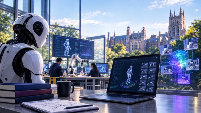 A futuristic scene depicting a humanoid robot sitting at a desk in a high-tech laboratory, working on a laptop displaying 3D models, with researchers and robotic arms in the background.