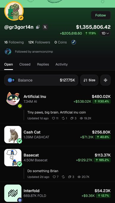 A social media profile for '@gr3gor14n' with a portfolio balance of $1,355,806.42, displaying holdings in meme coins including Artificial Inu ($480.02K), Cash Cat ($256.80K), Basecat ($113.37K), and Interfold ($54.23K).