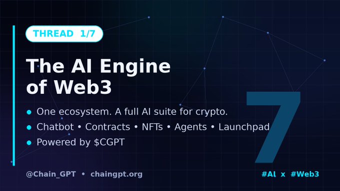 Dark blue thread-style graphic titled 'THREAD 1/7: The AI Engine of Web3' describing ChainGPT ecosystem offering Chatbot, Contracts, NFTs, Agents, Launchpad, powered by $CGPT, with handle @Chain_GPT and website chaingpt.org.