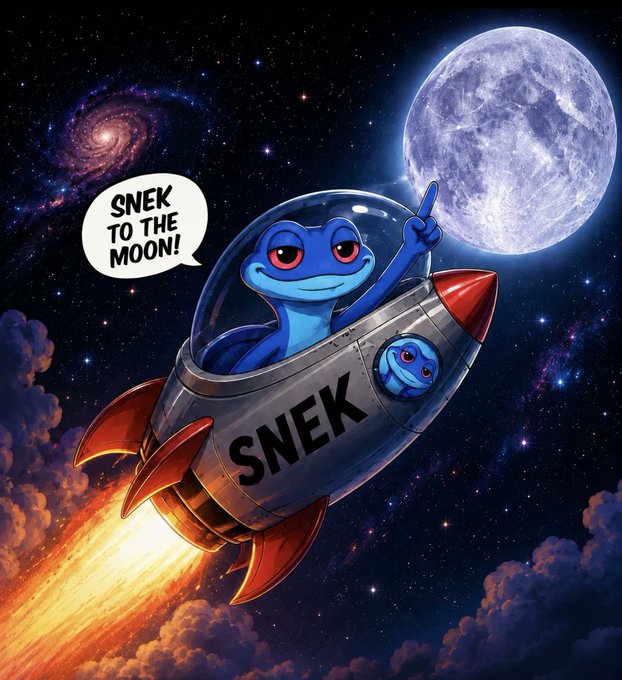 A cartoon illustration of a blue snake inside a rocket labeled 'SNEK' flying toward the moon, with a speech bubble saying 'SNEK TO THE MOON!'.